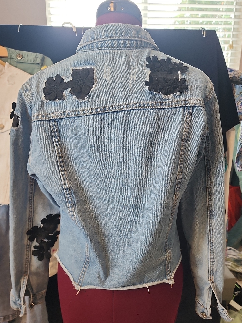 Light Blue Denim Jean Jacket with Black Floral Appliqués - Women